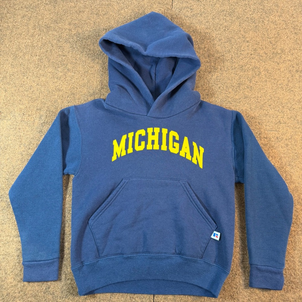 Russell Athletic Michigan Hoodie Kids Youth Small Blue Yellow Made in USA A+ fit